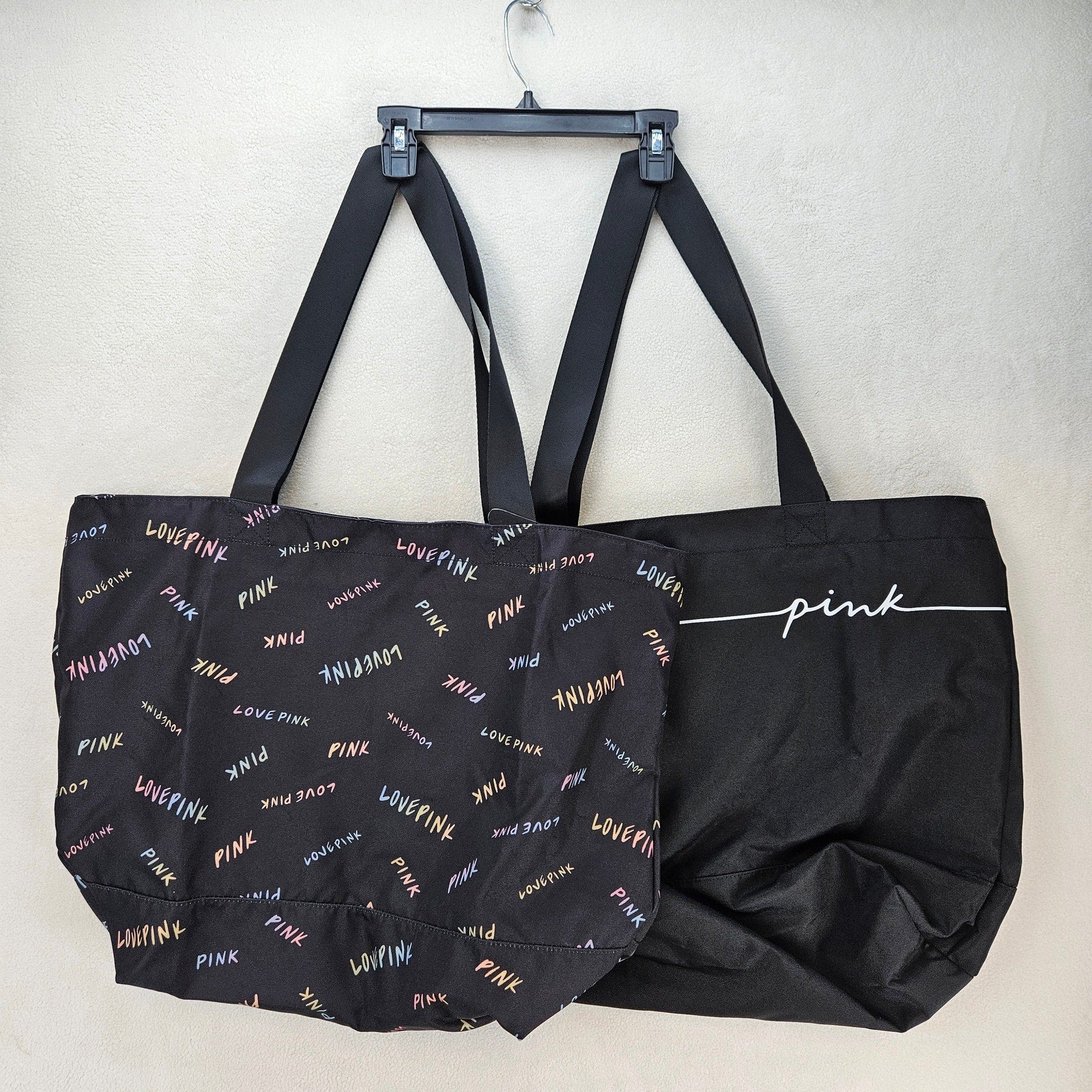LOT OF 2 - VICTORIA'S SECRET PINK REUSEABLE TOTE BAG BLK SHOPPING BEACH GYM NWT