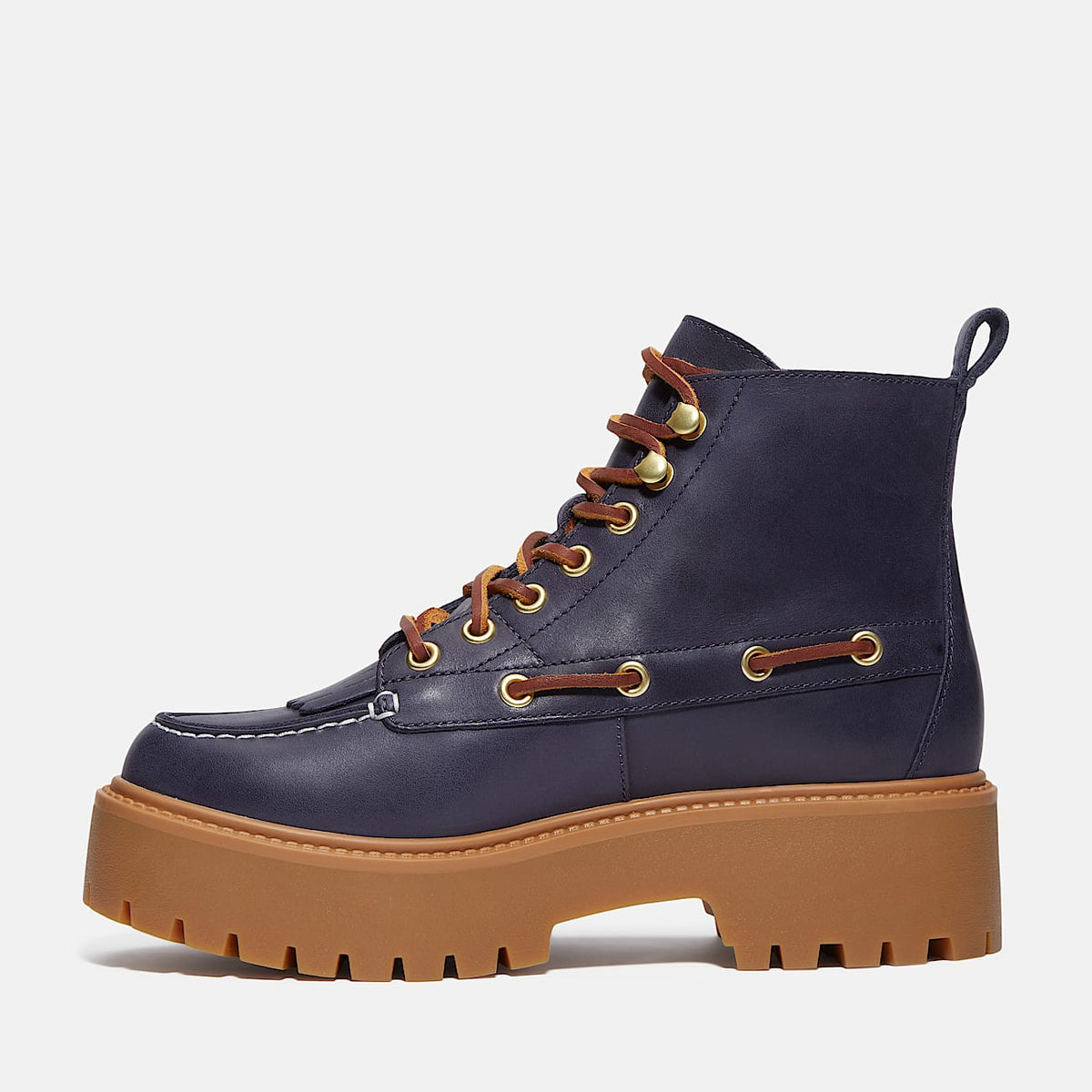 TIMBERLAND WOMEN'S 6 STONE STREET PLATFORM KILTIE BOOT DARK BLUE FULL GRAIN NIB