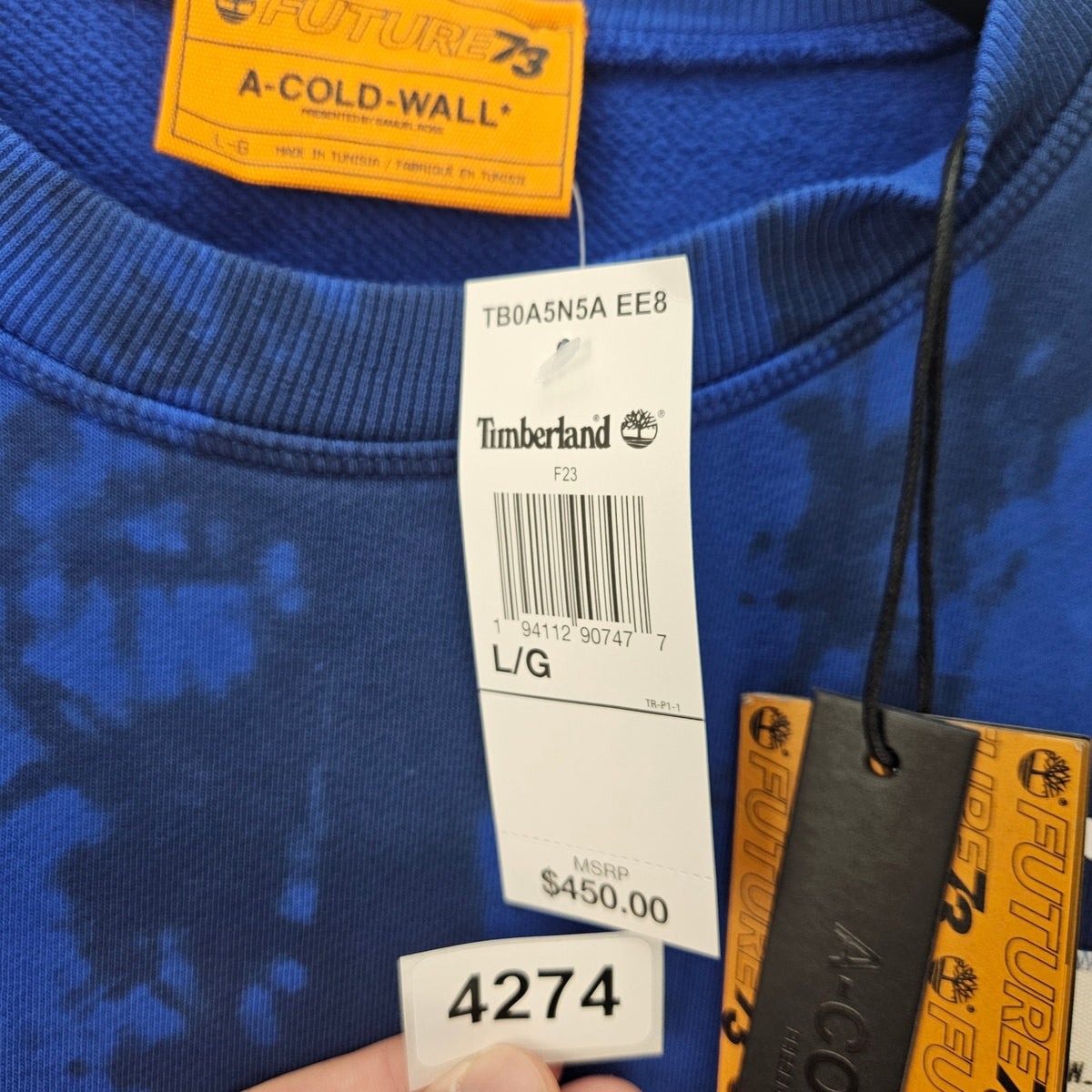 TIMBERLAND X A COLD WALL MEN'S LARGE BRIGHT BLUE $450 CREWNECK SWEATSHIRT