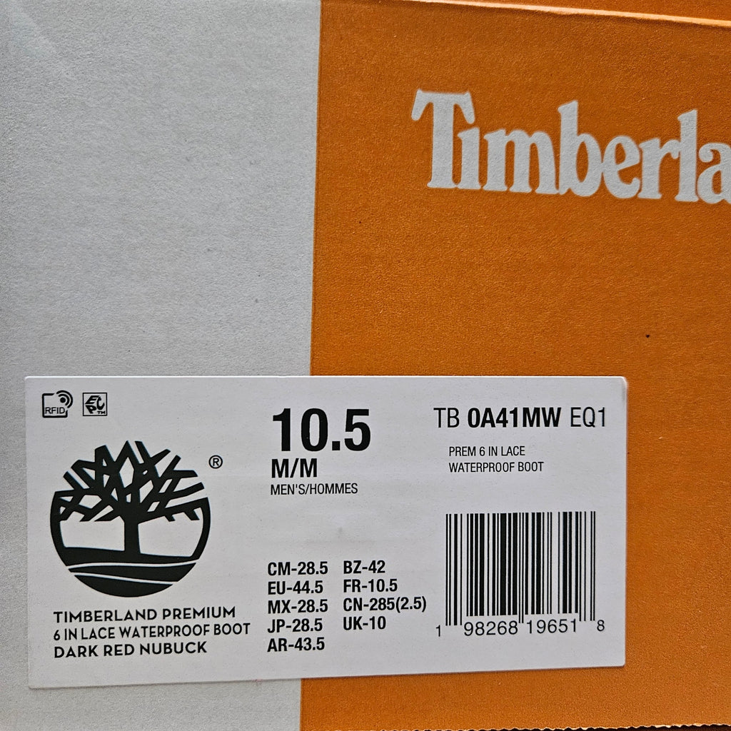 TIMBERLAND MEN'S 10.5 PREMIUM 6-INCH WATERPROOF BOOT DARK RED NUBUCK NIB