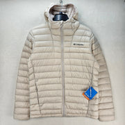 COLUMBIA WOMEN'S SMALL CORELITE DOWN HOODED JACKET BEIGE OMNI HEAT PACKABLE NWT