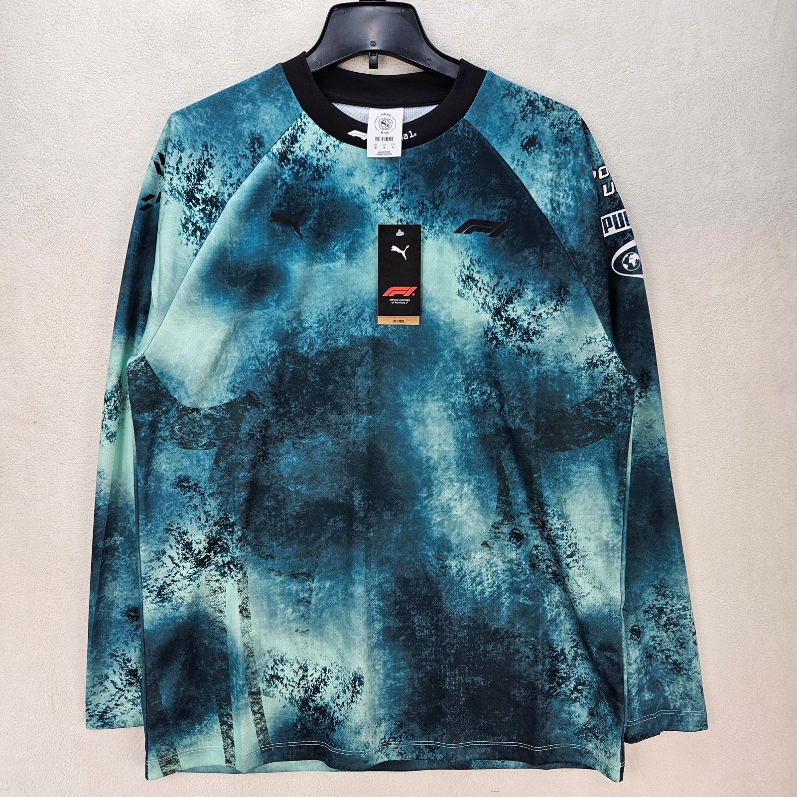 PUMA X F1 FORMULA 1 MEN'S M LONG SLEEVE GRAPHIC SHIRT BLUE GREEN NWT