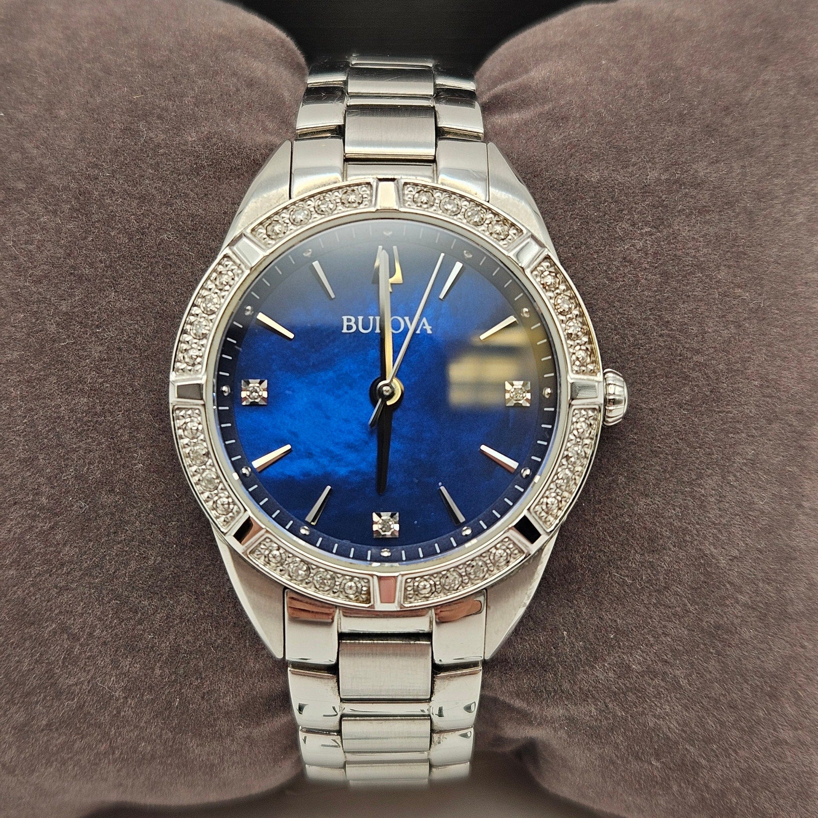 BULOVA 96R243 WOMEN'S CLASSIC QUARTZ GEMMED SILVER STAINLESS STEEL WATCH 35MM