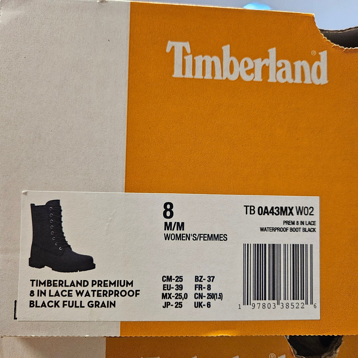 TIMBERLAND WOMEN'S 8 PREMIUM 8 INCH LACE WP BLACK FULL GRAIN BOOT TB0A43MXW02