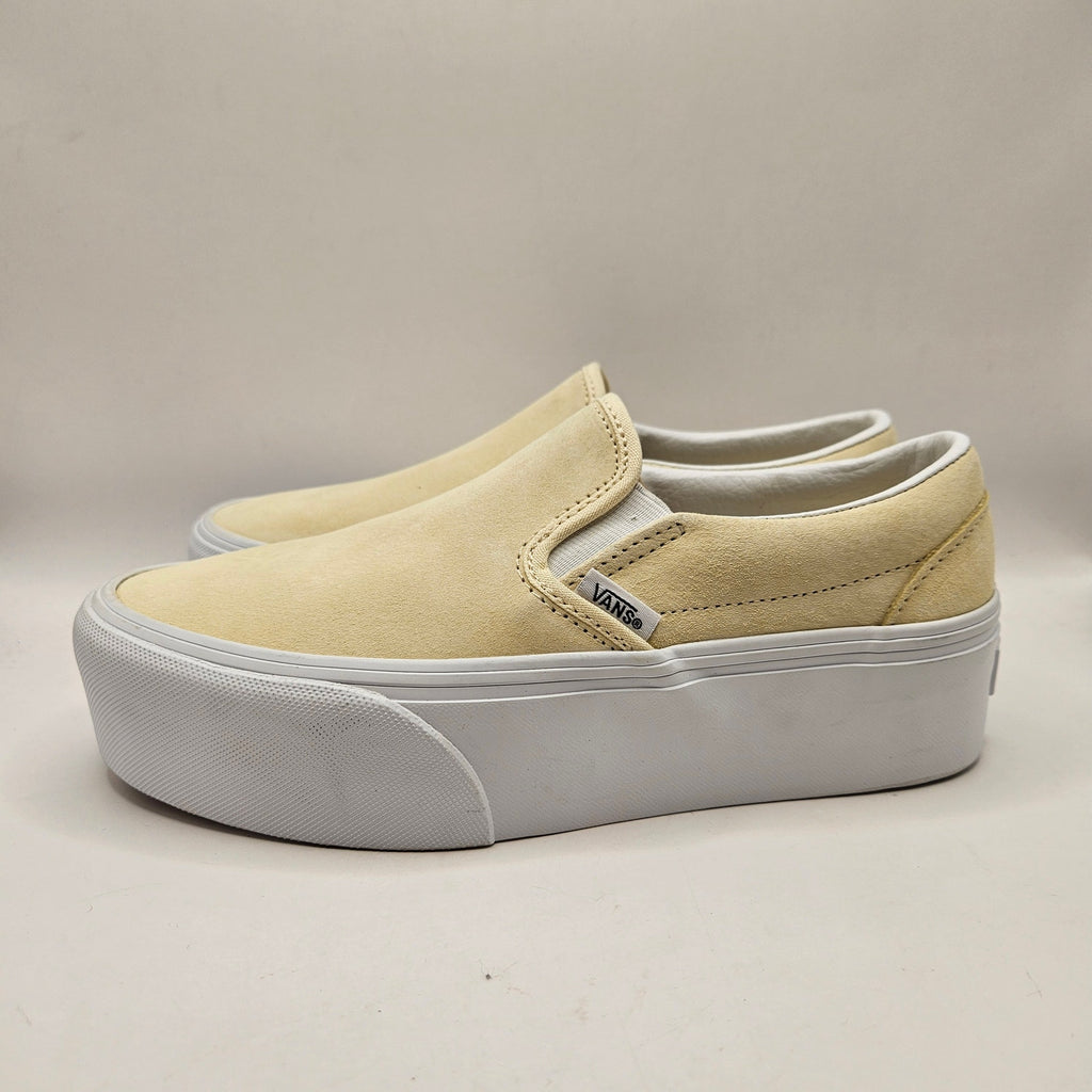 VANS WOMEN'S 6.5 SLIP ON PLATFORM PALE YELLOW SUEDE LO TOP SNEAKER NWOB