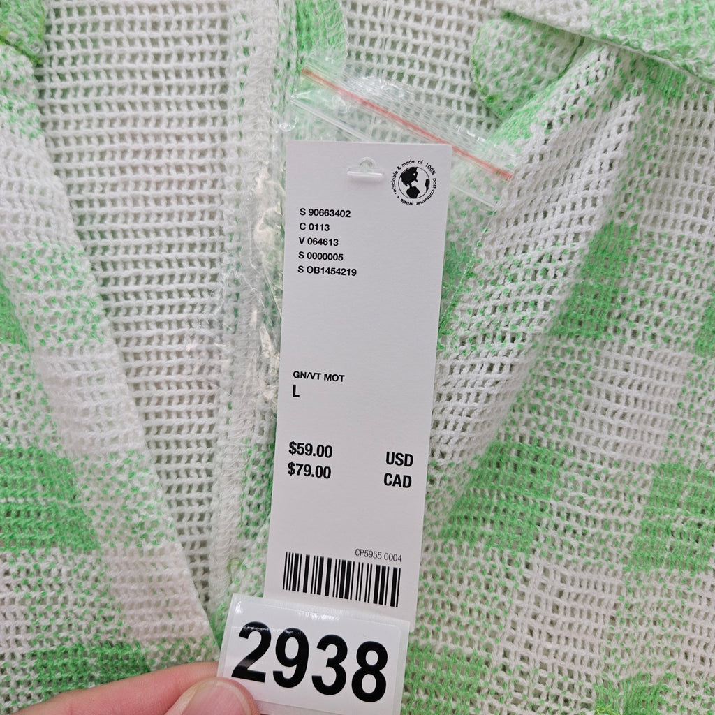 UO OUT FROM UNDER WOMEN'S LARGE FISHNET SHACKET NWT GREEN WHITE GINGHAM