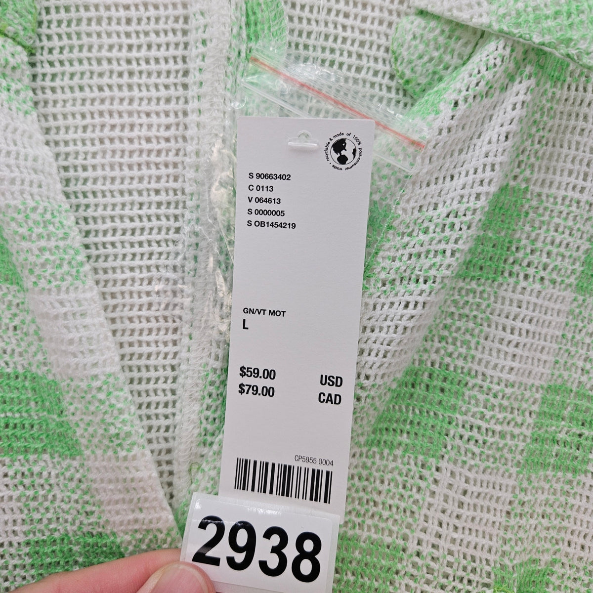UO OUT FROM UNDER WOMEN'S LARGE FISHNET SHACKET NWT GREEN WHITE GINGHAM