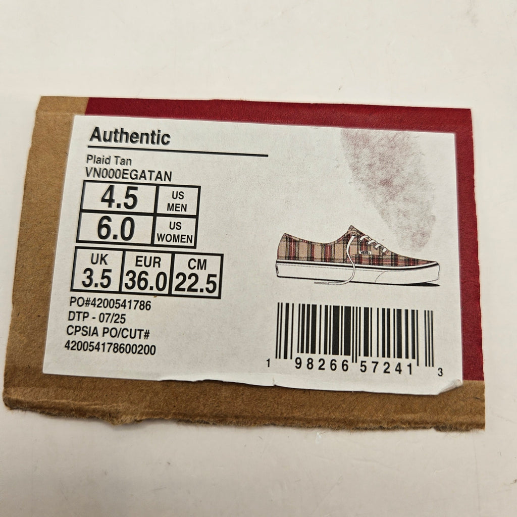 VANS WOMEN'S 6 AUTHENTIC TAN PLAID LOW TOP CANVAS SNEAKER NWOB