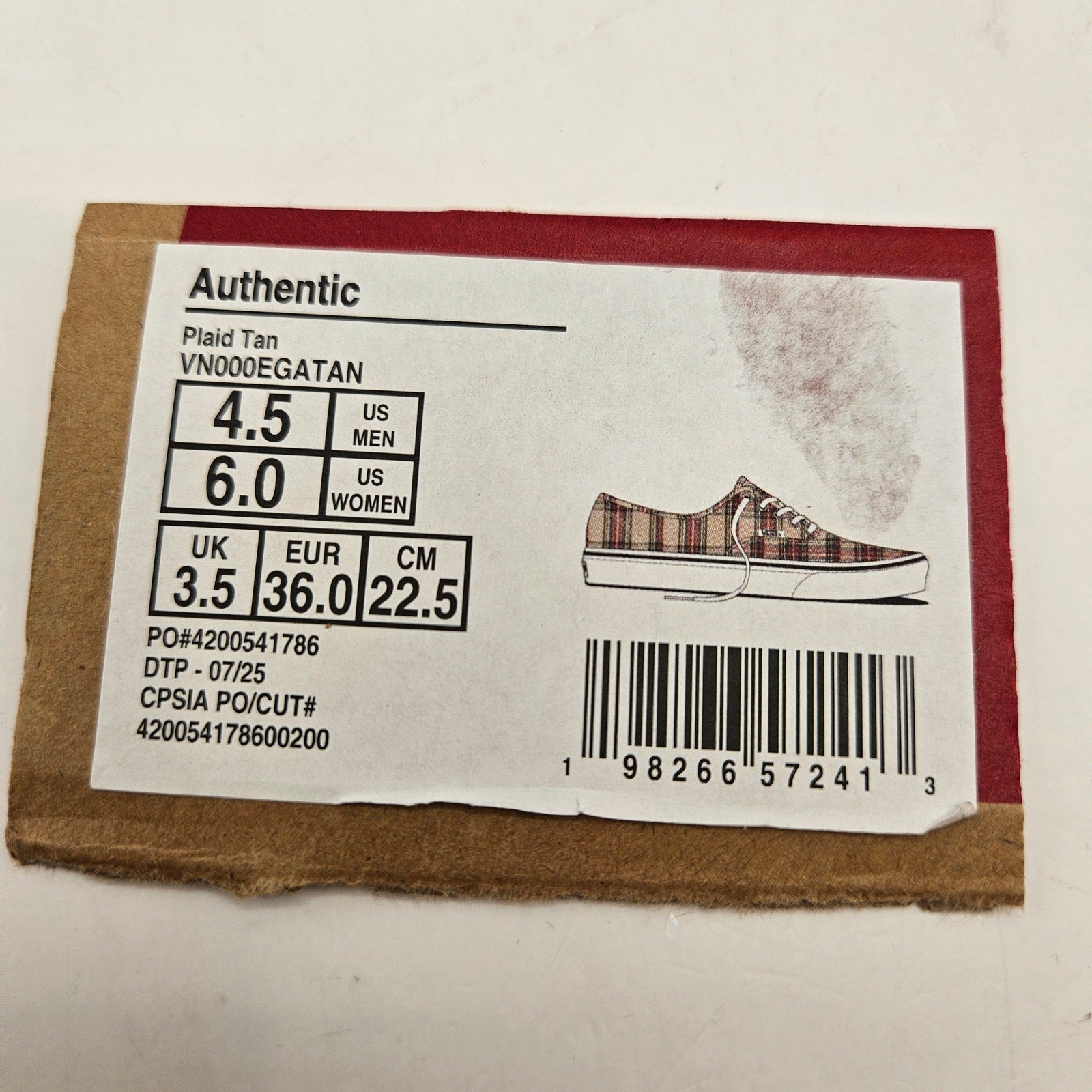 VANS WOMEN'S 6 AUTHENTIC TAN PLAID LOW TOP CANVAS SNEAKER NWOB