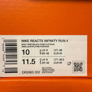 NIKE MEN'S 10 REACTX INFINITY RUN 4 WOLF GREY BLACK RUNNING DR2665-002 NIB