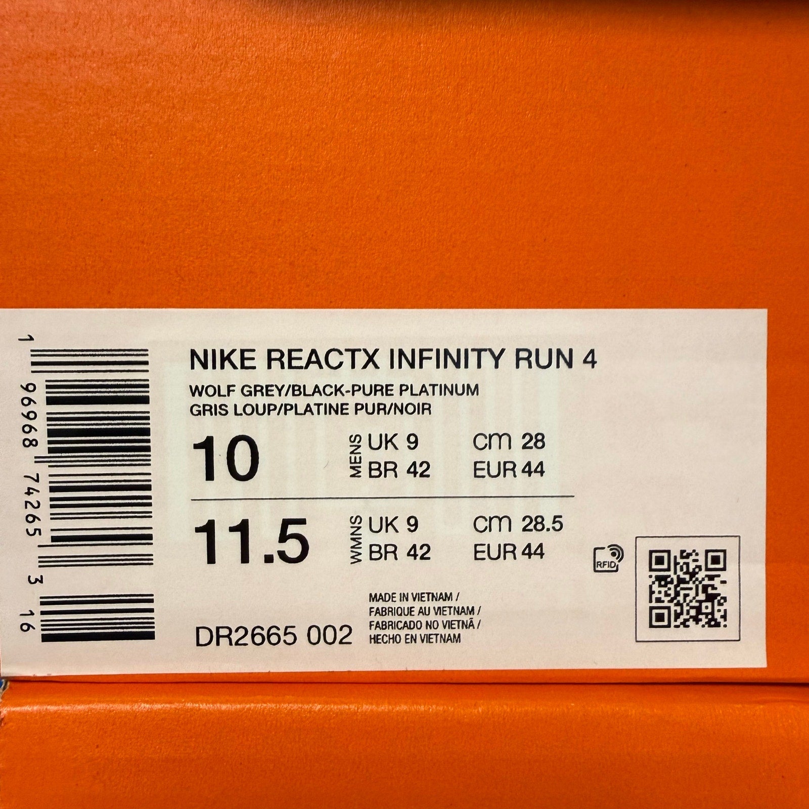 NIKE MEN'S 10 REACTX INFINITY RUN 4 WOLF GREY BLACK RUNNING DR2665-002 NIB