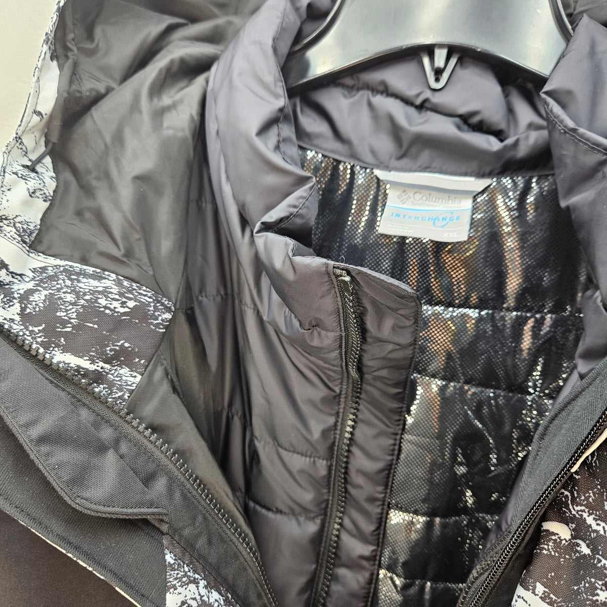 COLUMBIA MEN'S XXL 3 IN 1 INTERCHANGE NORDIC POINT SKI SNOW JACKET BLK WHT PRINT