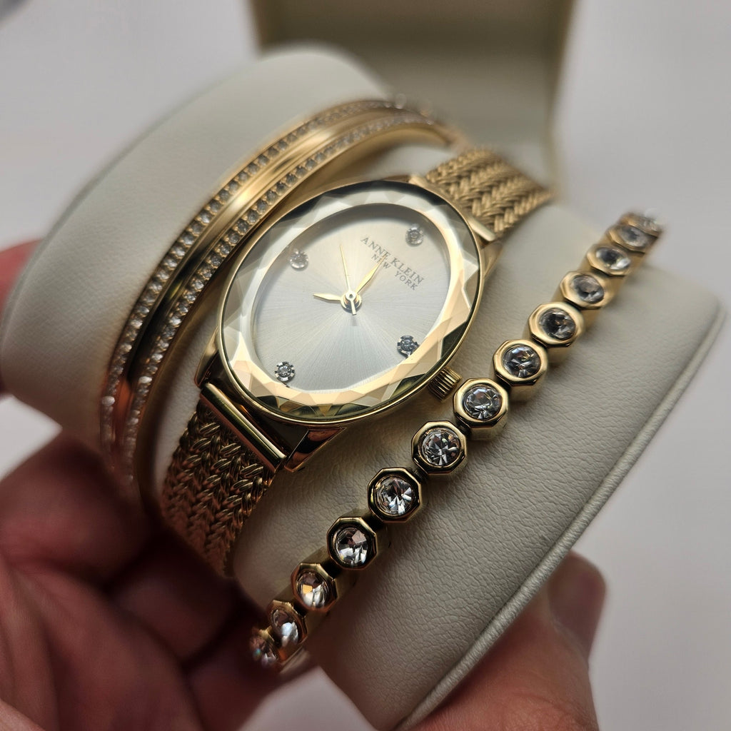 ANNE KLEIN NEW YORK CRYSTAL ACCENTED BANGLE WOMEN'S WATCH & BRACELET 12/7786GPST