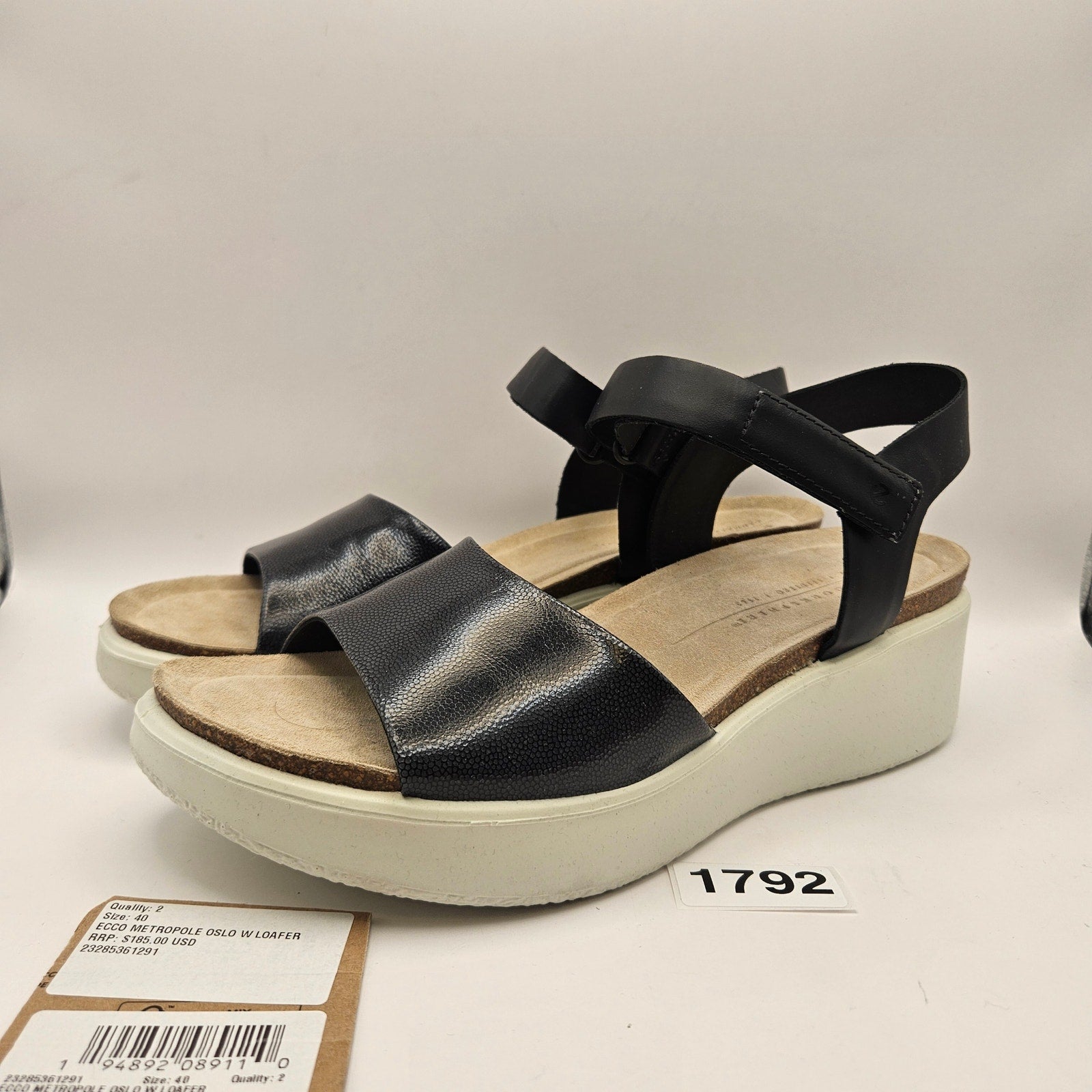 ECCO WOMEN'S 41 FLOWT WEDGE LEATHER CORK HEELED SANDAL BLACK NWOB 27231351052