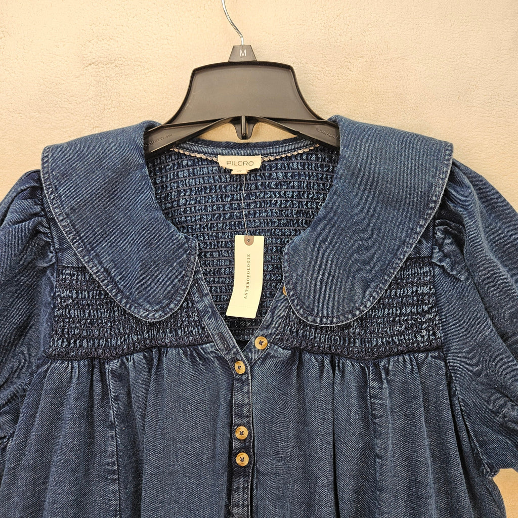 PILCRO ANTHROPOLOGIE XL DENIM BABYDOLL DRESS PETER PAN COLLAR SMOCKED PUFF NWT