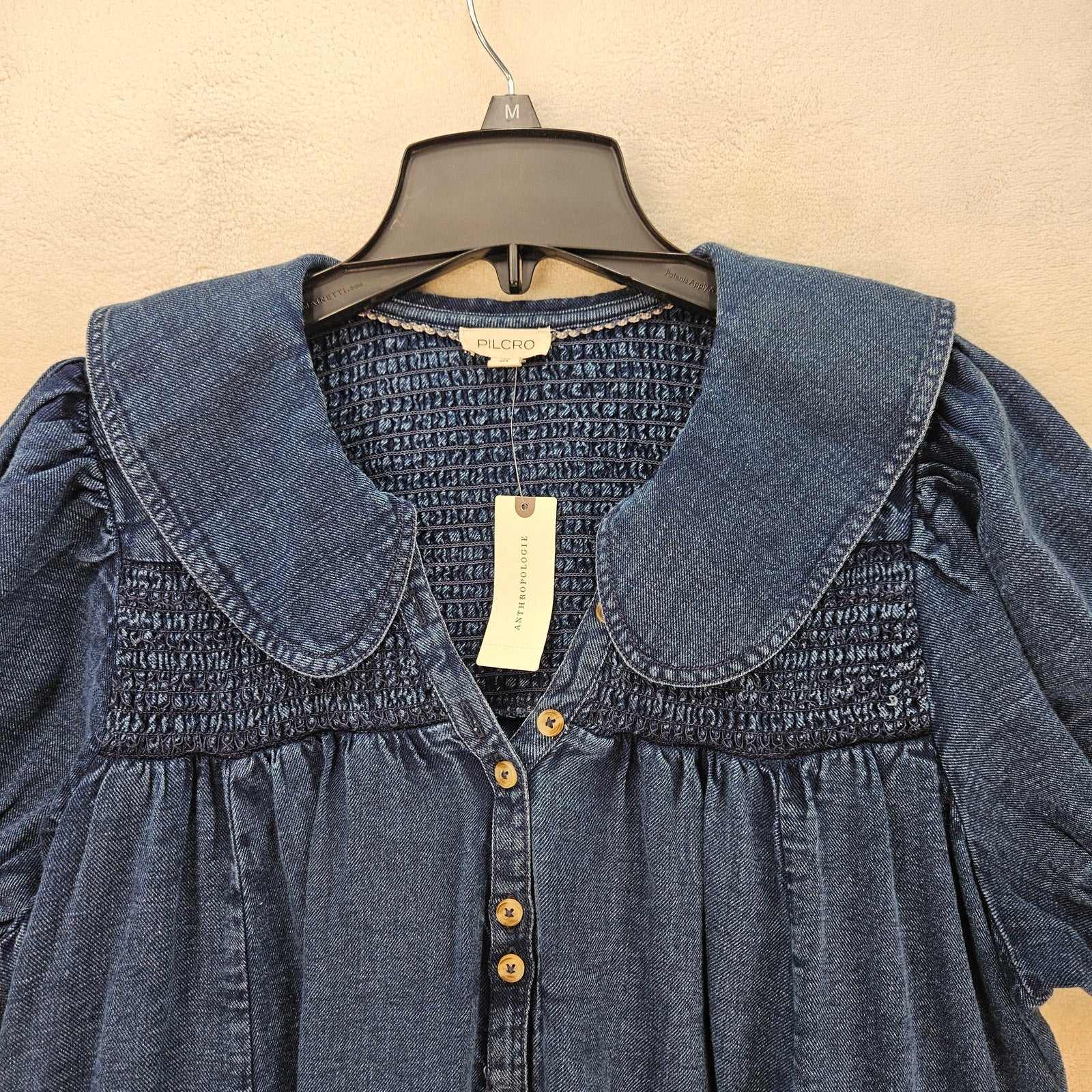 PILCRO ANTHROPOLOGIE XL DENIM BABYDOLL DRESS PETER PAN COLLAR SMOCKED PUFF NWT