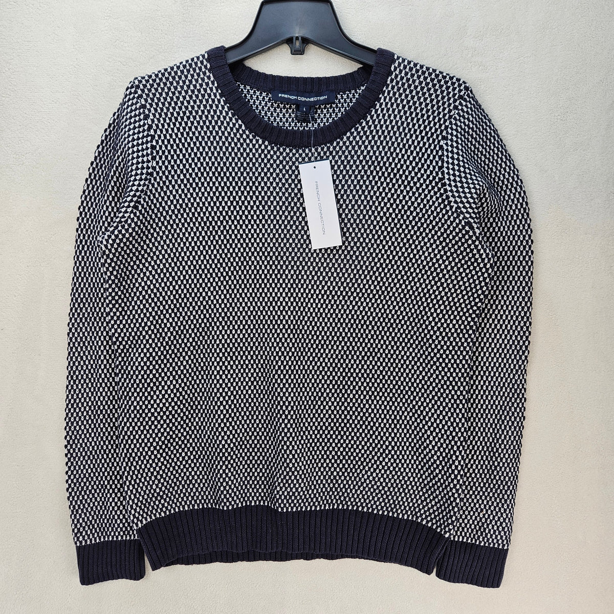 FRENCH CONNECTION WOMEN'S LARGE PETTY PENELOPE NAVY WHITE TEXTURED KNIT SWEATER