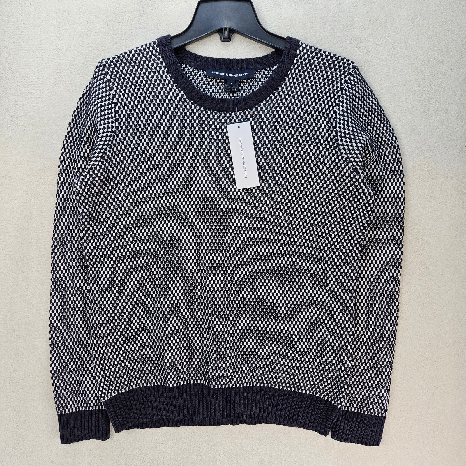 FRENCH CONNECTION WOMEN'S LARGE PETTY PENELOPE NAVY WHITE TEXTURED KNIT SWEATER