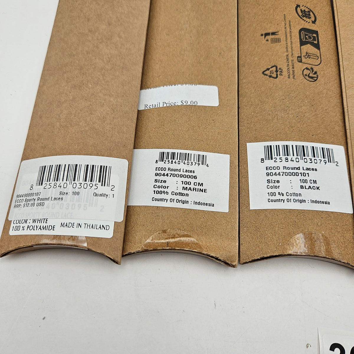 LOT OF 5 - ECCO PREMIUM LACES 100/120/150CM BLACK/MARINE/WHITE ROUND NIB 5 PAIRS