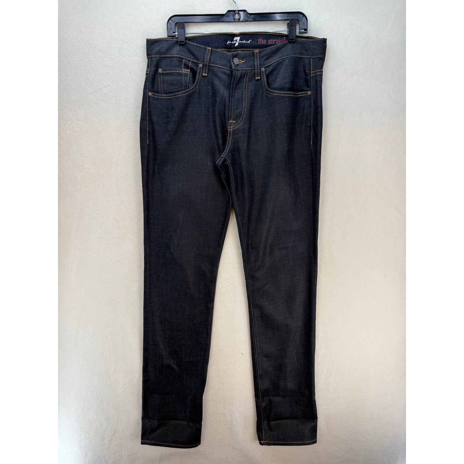 7 FOR ALLMANKIND MEN'S 33 MADE IN USA DARK BLUE WAXED STRAIGHT LEG JEANS