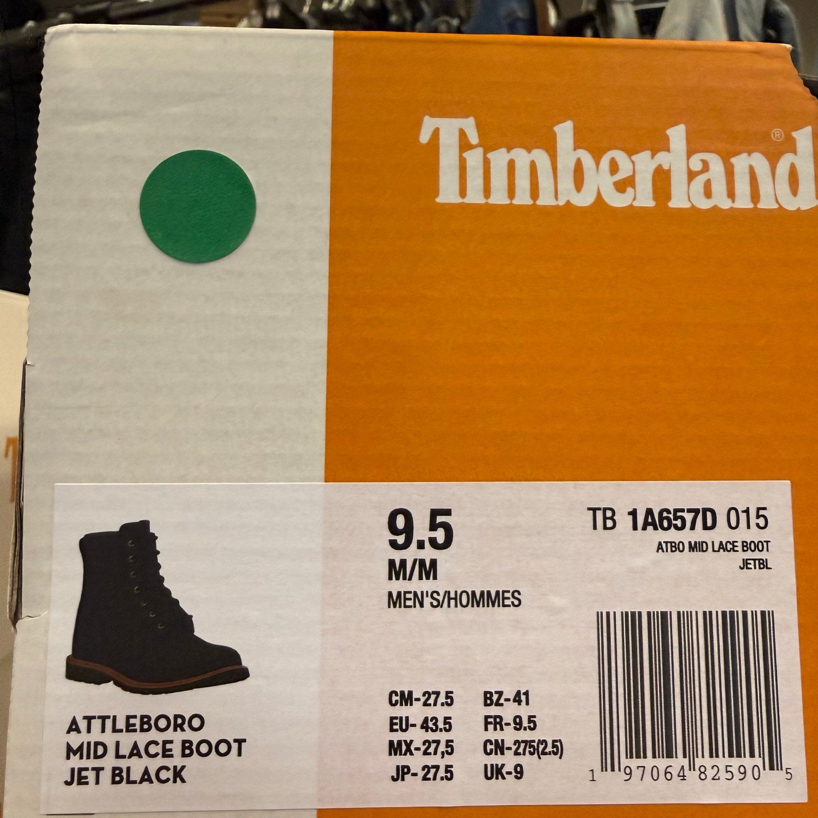 TIMBERLAND MEN'S 9.5 ATTLEBORO MID LACE BOOT JET BLACK NIB TB1A657D015