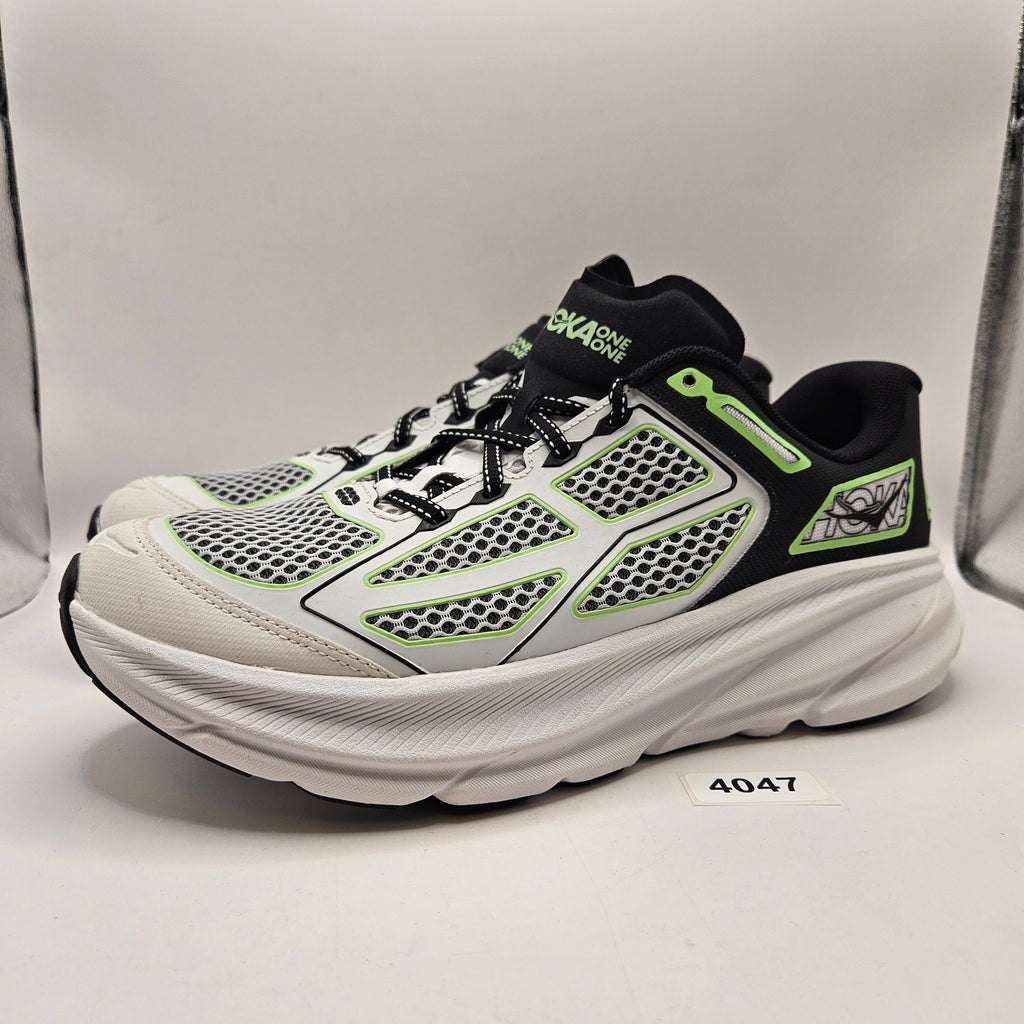HOKA MEN'S 11.5 CLIFTON ONE9 RUNNING SHOES WHITE BLACK GREEN 1155370-BWHT NWOB