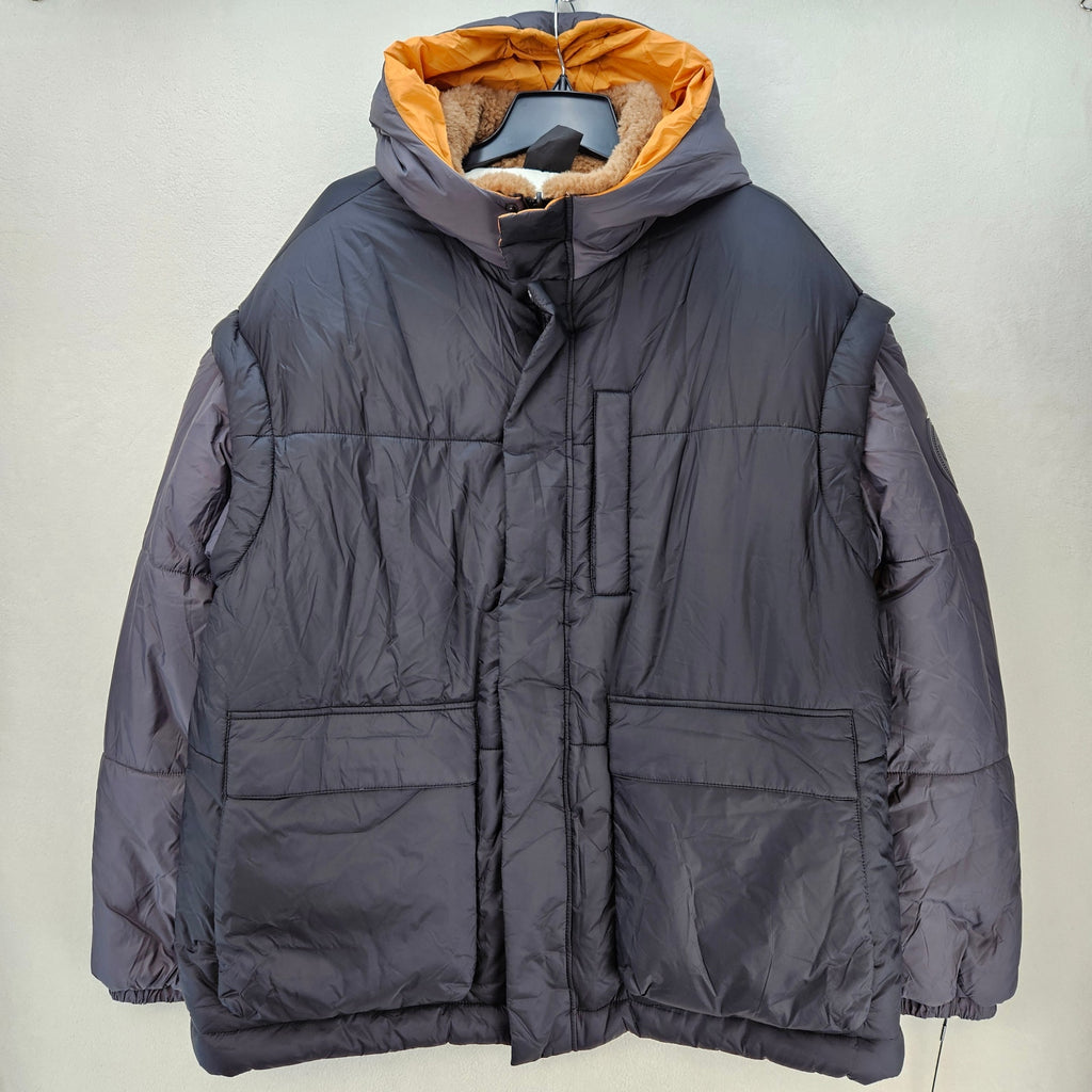 UGG UNISEX L/XL KRISTIAN COVERTIBLE HOODED PUFFER COAT BLACK CREAM OVERSIZED NWT