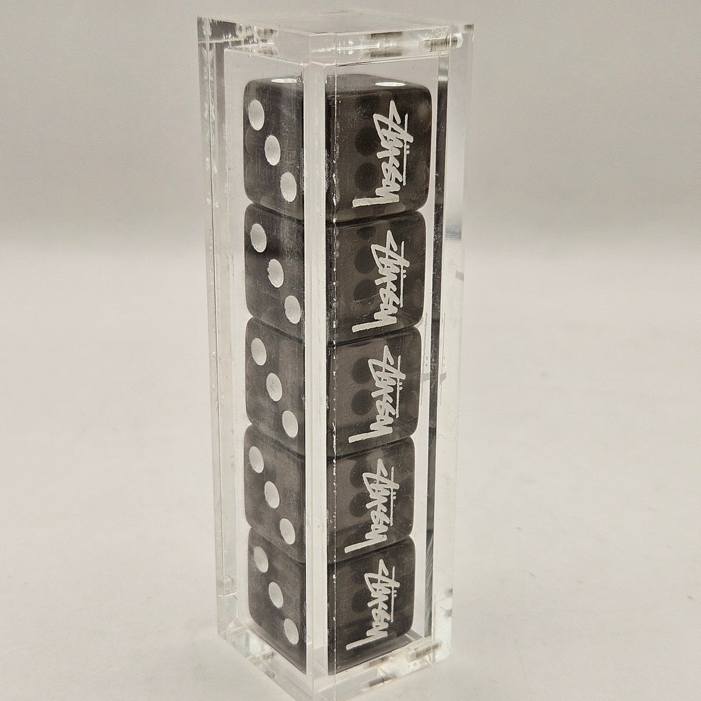 STUSSY DICE SET BLACK ACRYLIC DISPLAY CASE 5 LOGO DICE STYLE 138769 RARE