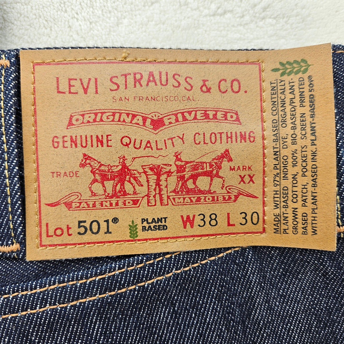 LEVI'S MEN'S 38X30 ORIGINAL 501 PLANT BASED STRAIGHT LEG JEANS NWT
