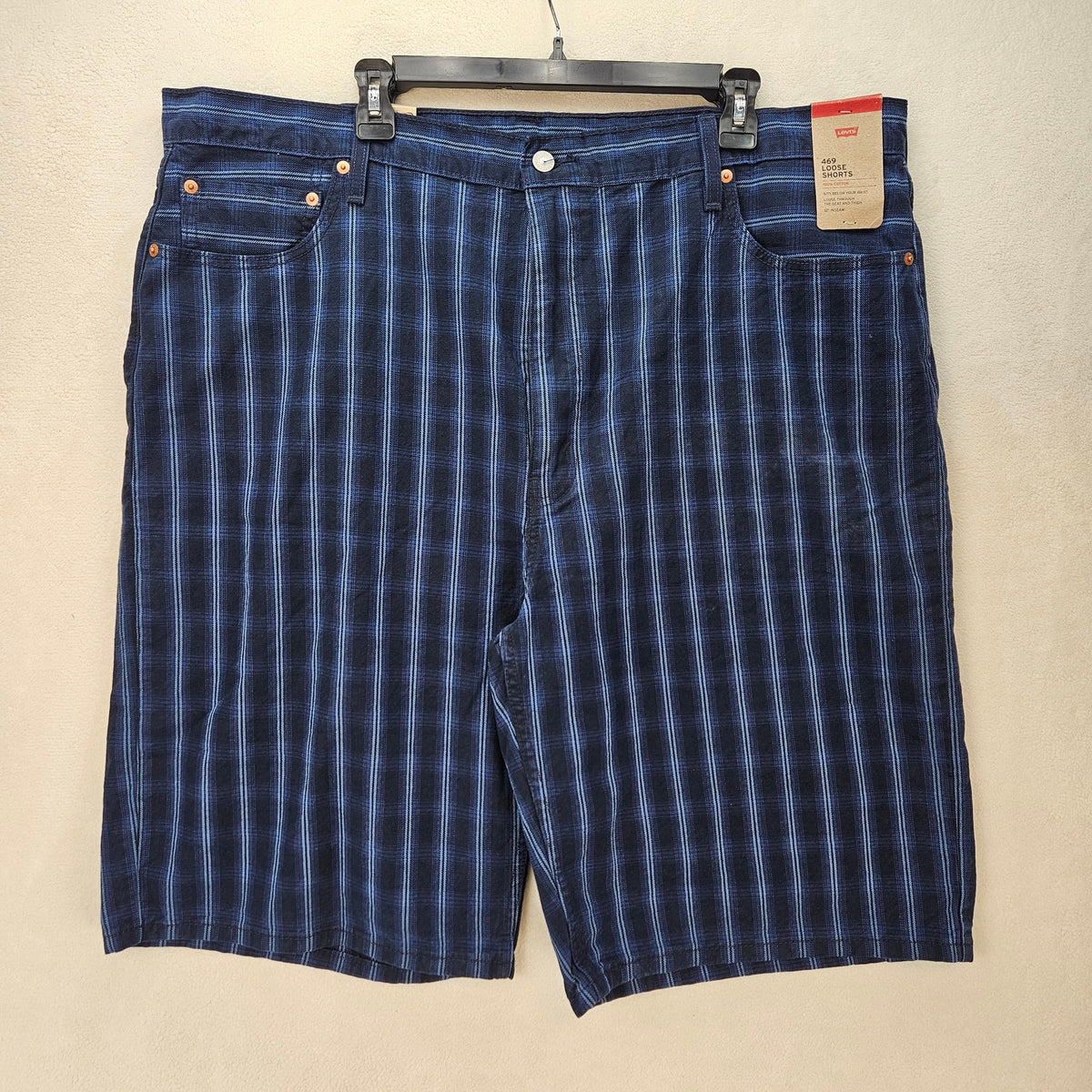 LEVI'S MEN'S 44 LOOSE FIT 469 DENIM SHORTS 12 INCH LIGHTSABER PLAID BLUE NWT