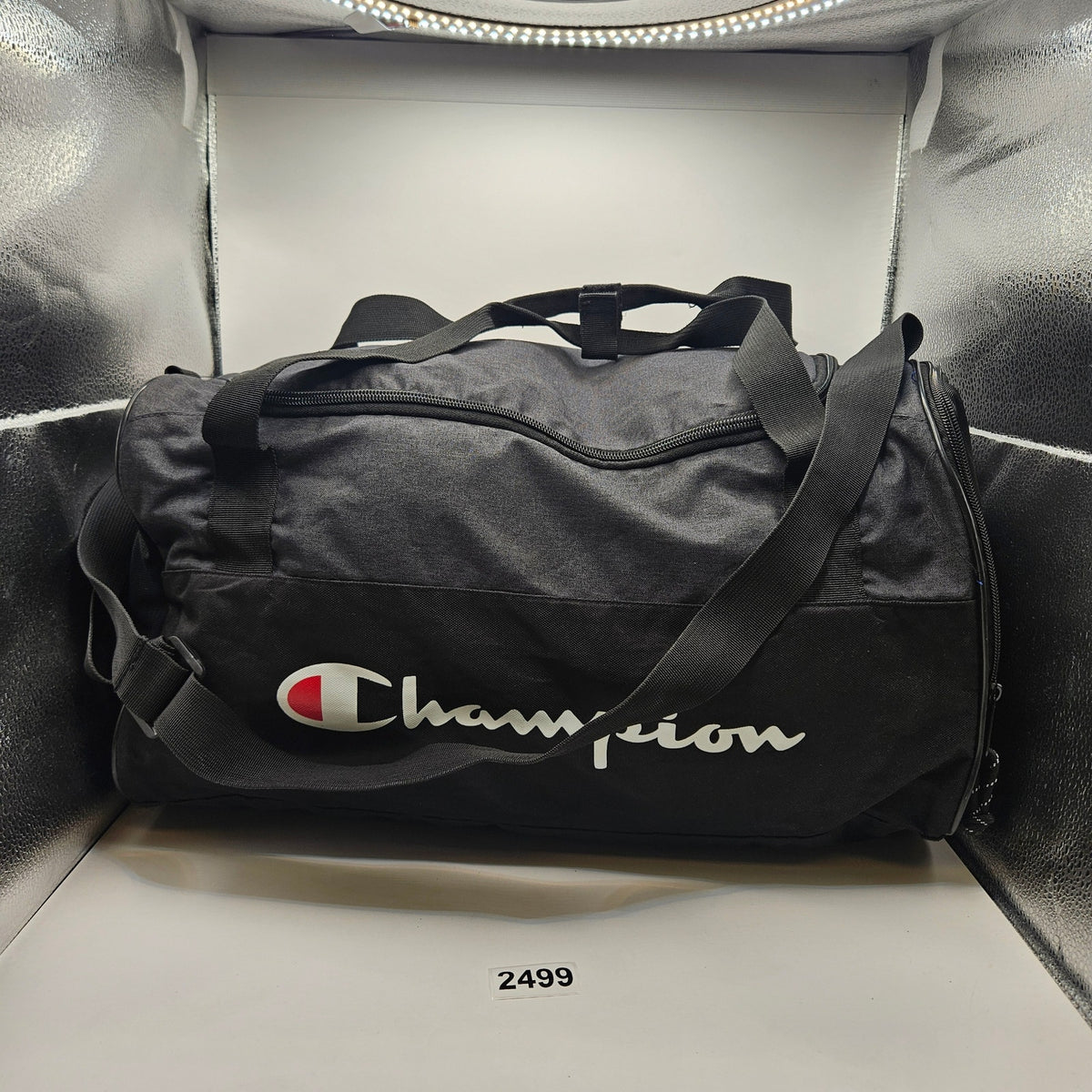 CHAMPION LOGO BLACK GREY DUFFLE BAG 17X9X9INCH