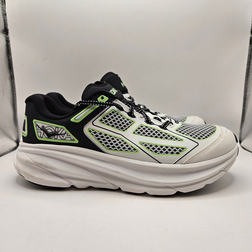 HOKA MEN'S 11.5 CLIFTON ONE9 RUNNING SHOES WHITE BLACK GREEN 1155370-BWHT NWOB