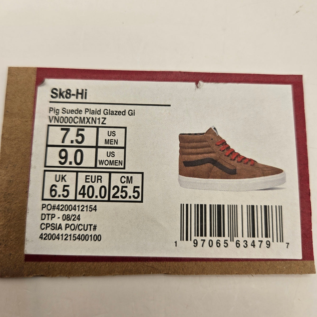 VANS MEN'S 7.5 SK8 HI PIG SUEDE PLAID GLAZED GINGER BROWN NWOB
