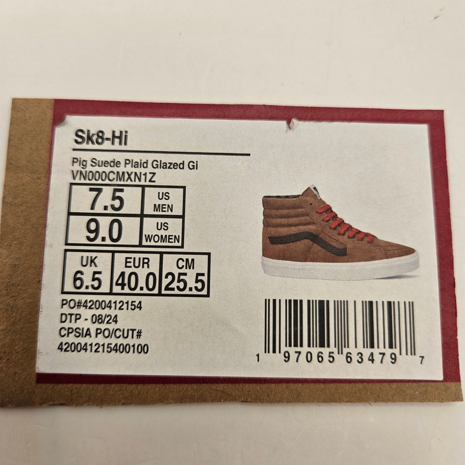 VANS MEN'S 7.5 SK8 HI PIG SUEDE PLAID GLAZED GINGER BROWN NWOB