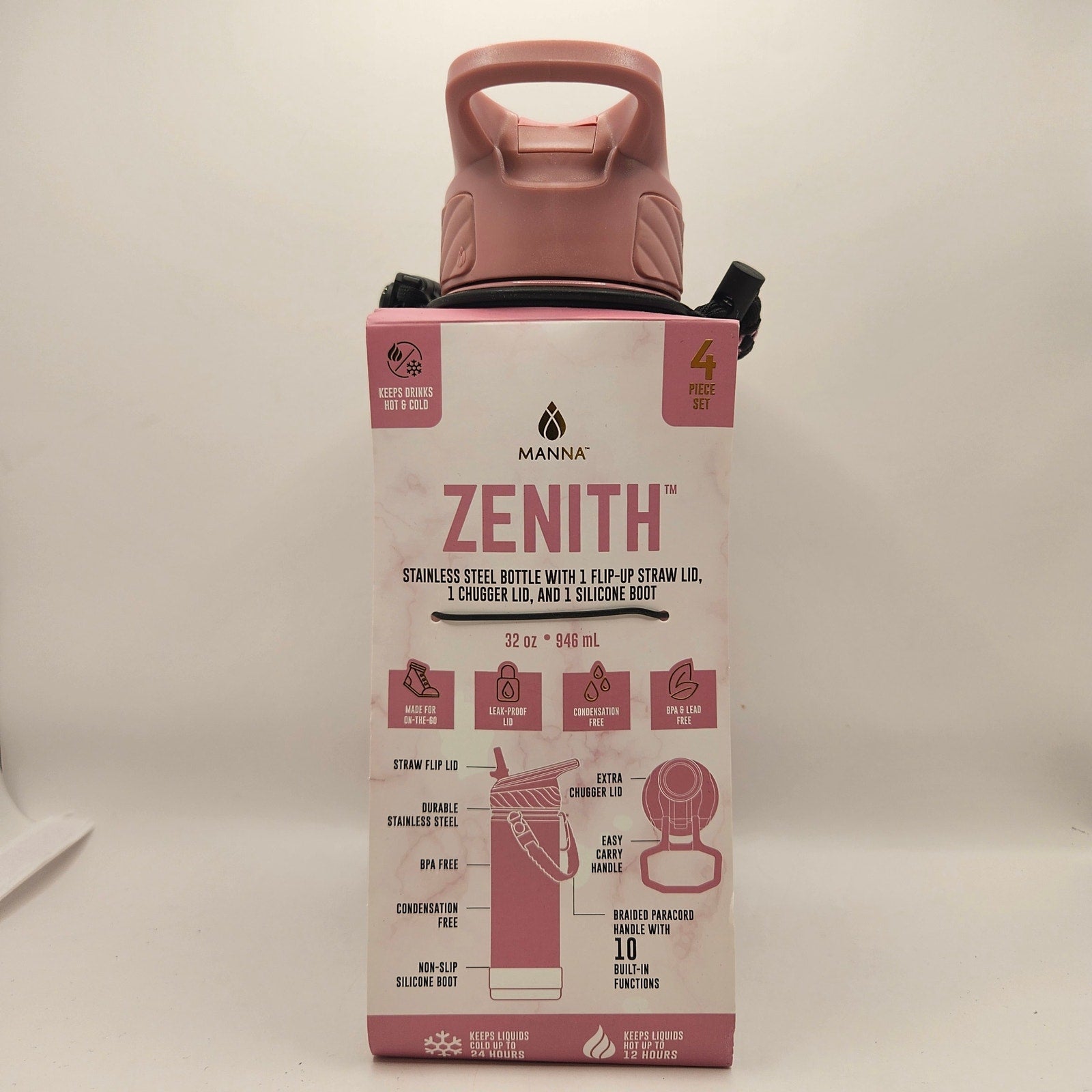 HYDRAGEAR 32oz ZENITH TUMBLER 4 PIECE PINK WATER BOTTLE NIB