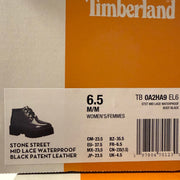 TIMBERLAND WOMEN'S 6.5 STONE STREET MID LACE WATERPROOF PATENT BLACK LEATHER NIB