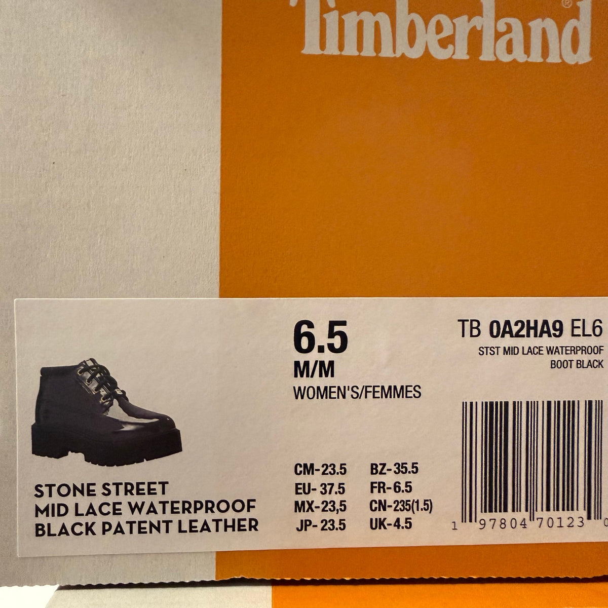 TIMBERLAND WOMEN'S 6.5 STONE STREET MID LACE WATERPROOF PATENT BLACK LEATHER NIB