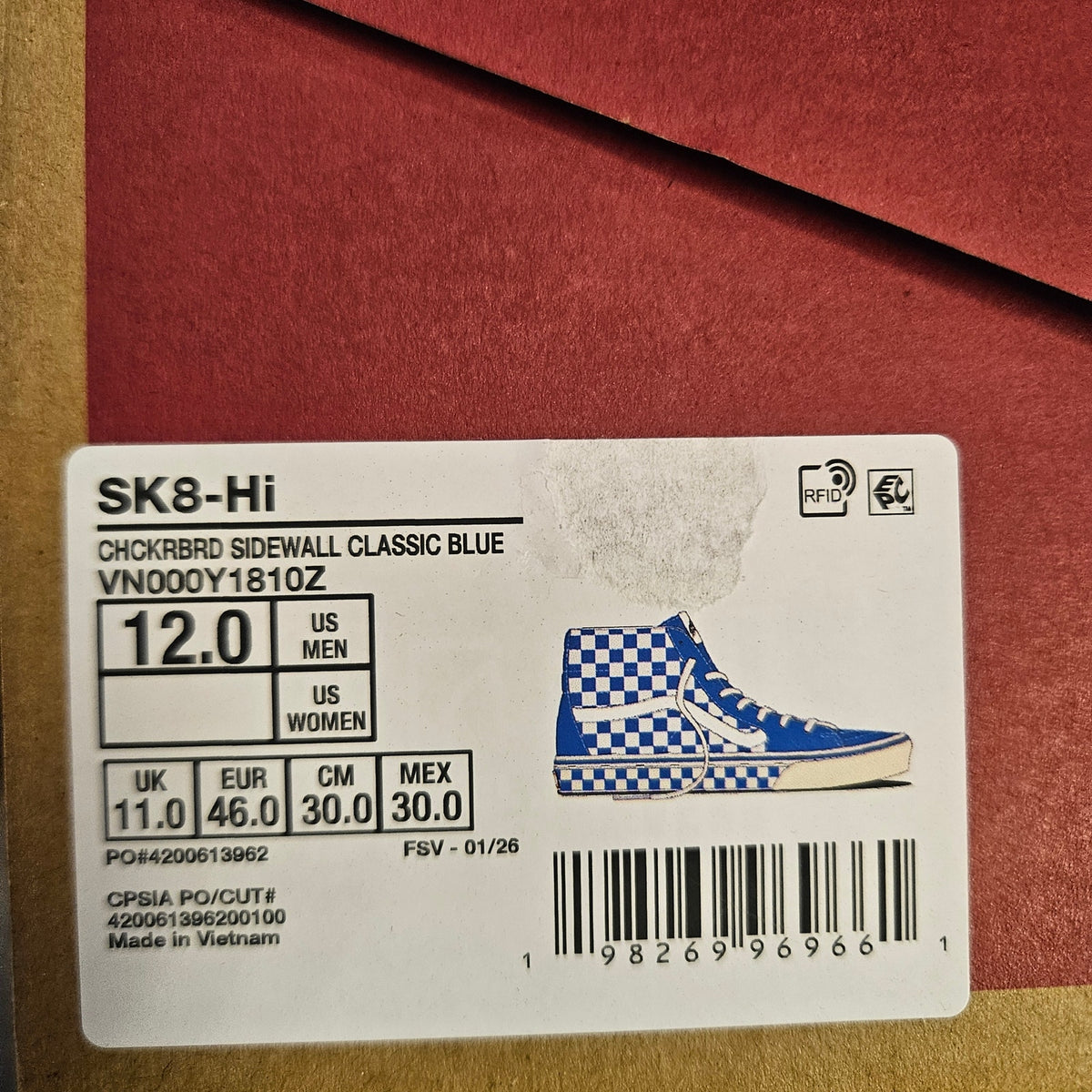 VANS MEN'S 12 SK8-HI CHECKERBOARD SIDEWALL CLASSIC BLUE HI TOP SKATEBOARDING