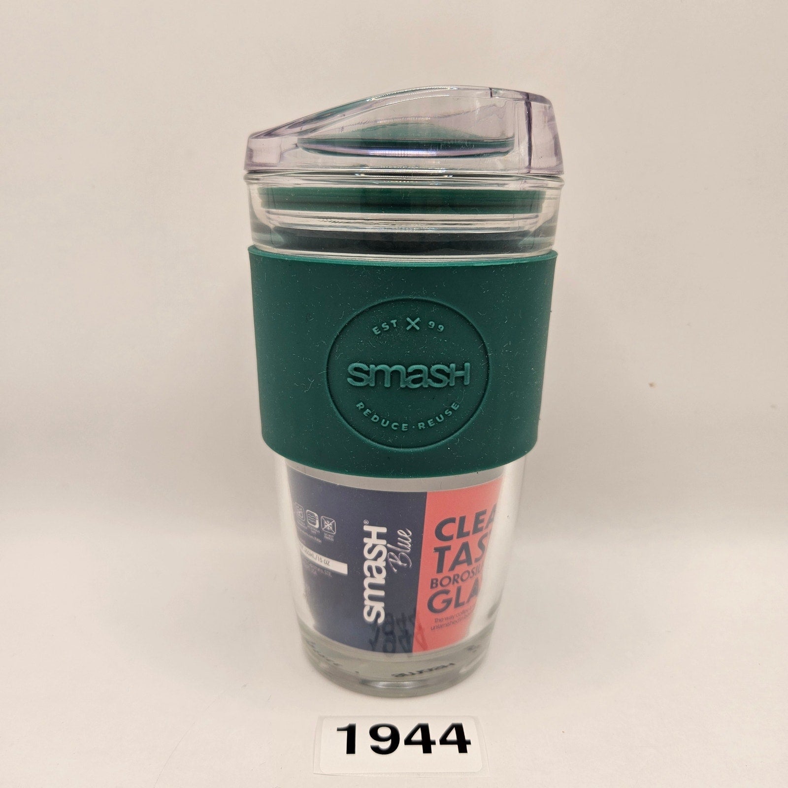 SMASH OG GLASS COFFEE CUP TRITON LID BOROSILICATE GLASS 15oz/450ml NWT