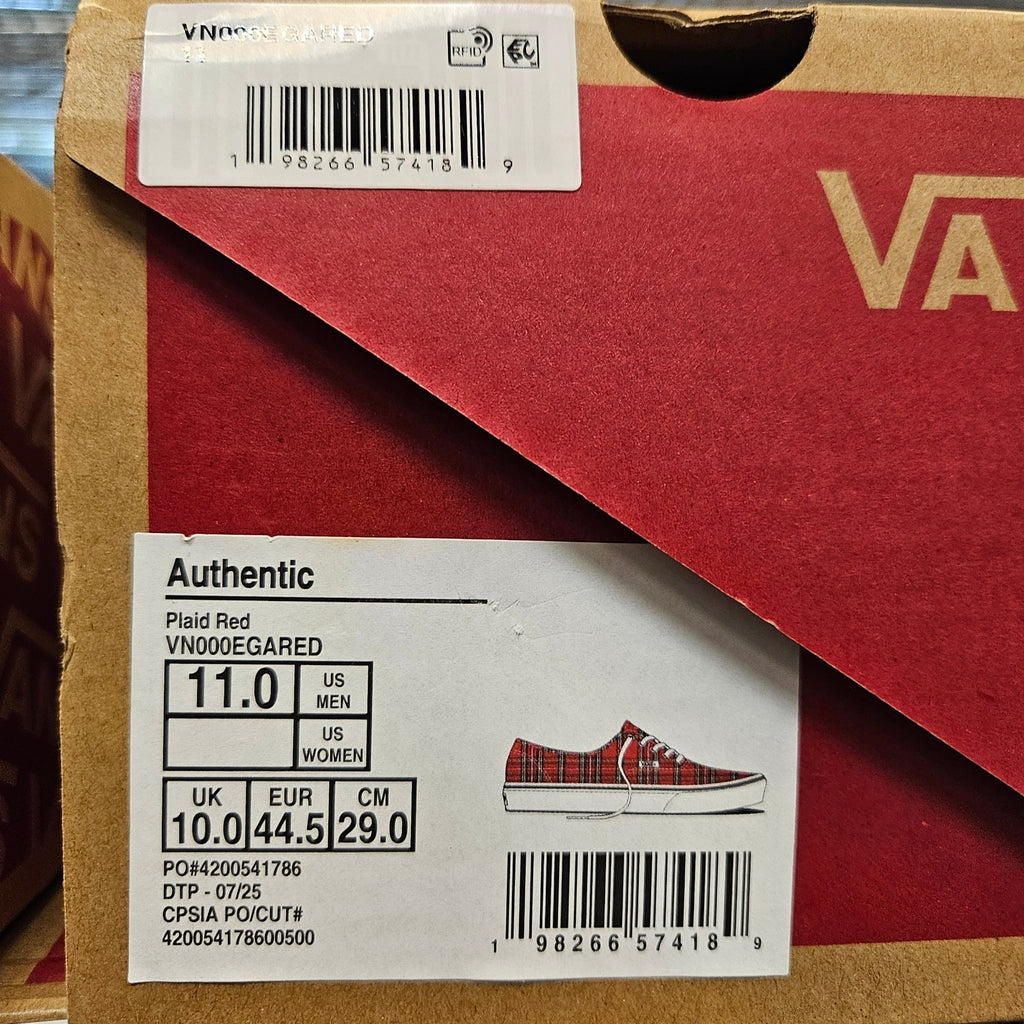 VANS MEN'S 11 AUTHENTIC LOW TOP SNEAKER PLAID RED NIB VN000EGARED