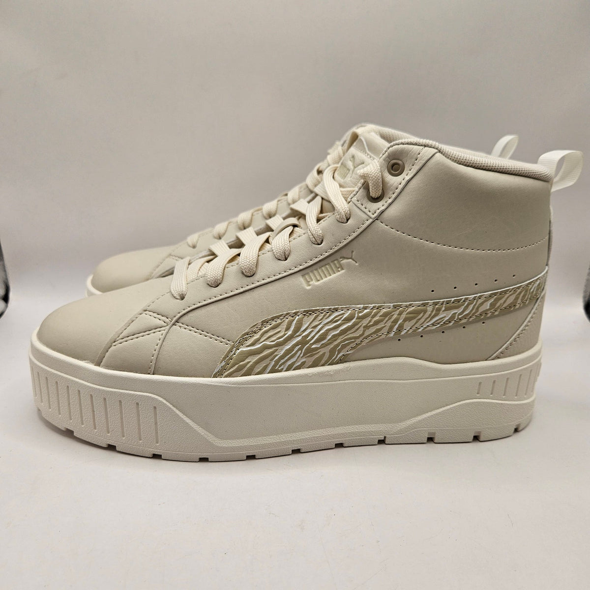 PUMA WOMEN'S 9.5 KARMEN II MID ANIMAL FEVER SNEAKERS WHITE PUMA GOLD 397460-01