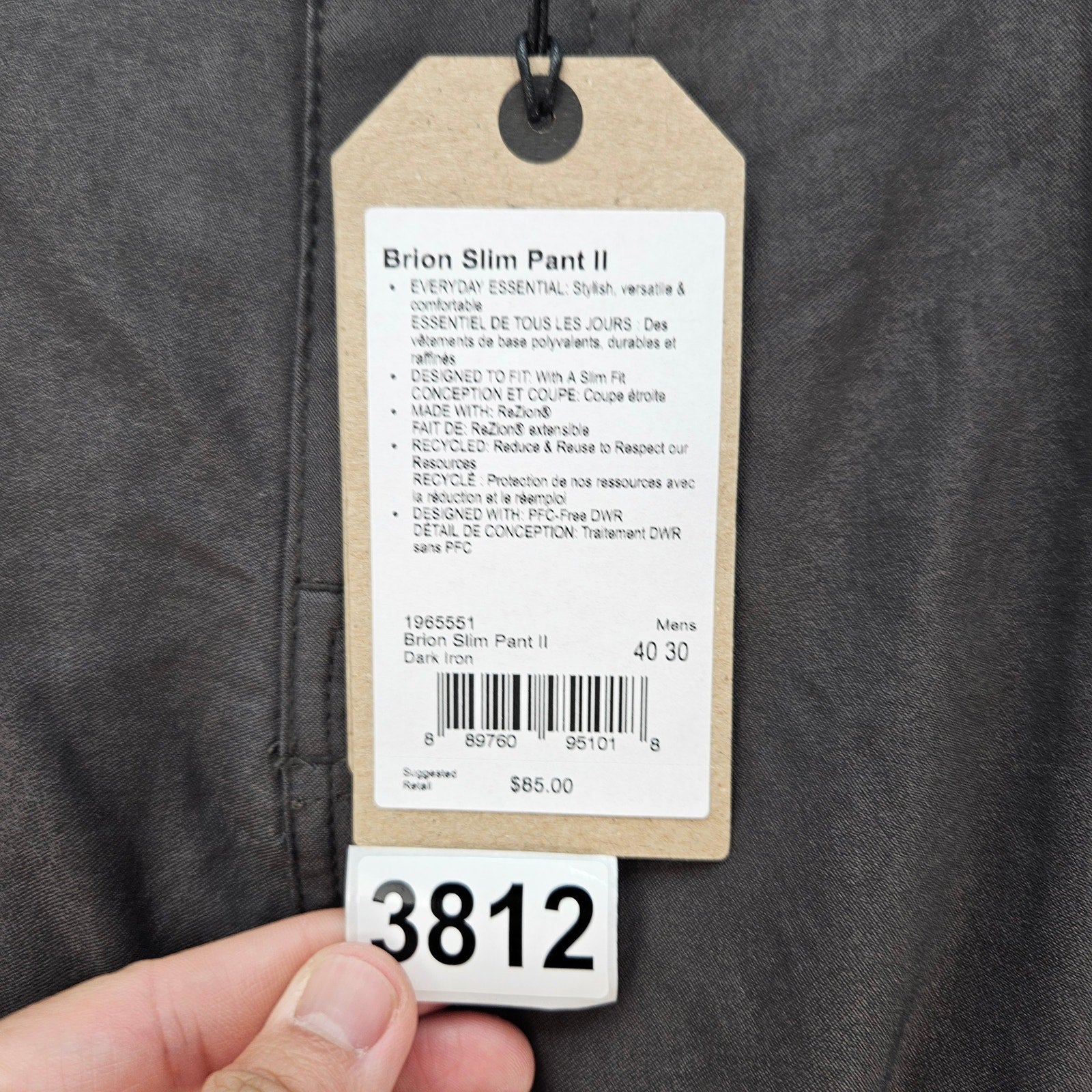 PRANA MEN'S 40X30 BRION SLIM PANT II DARK IRON NWT CARGO HIKING PANTS