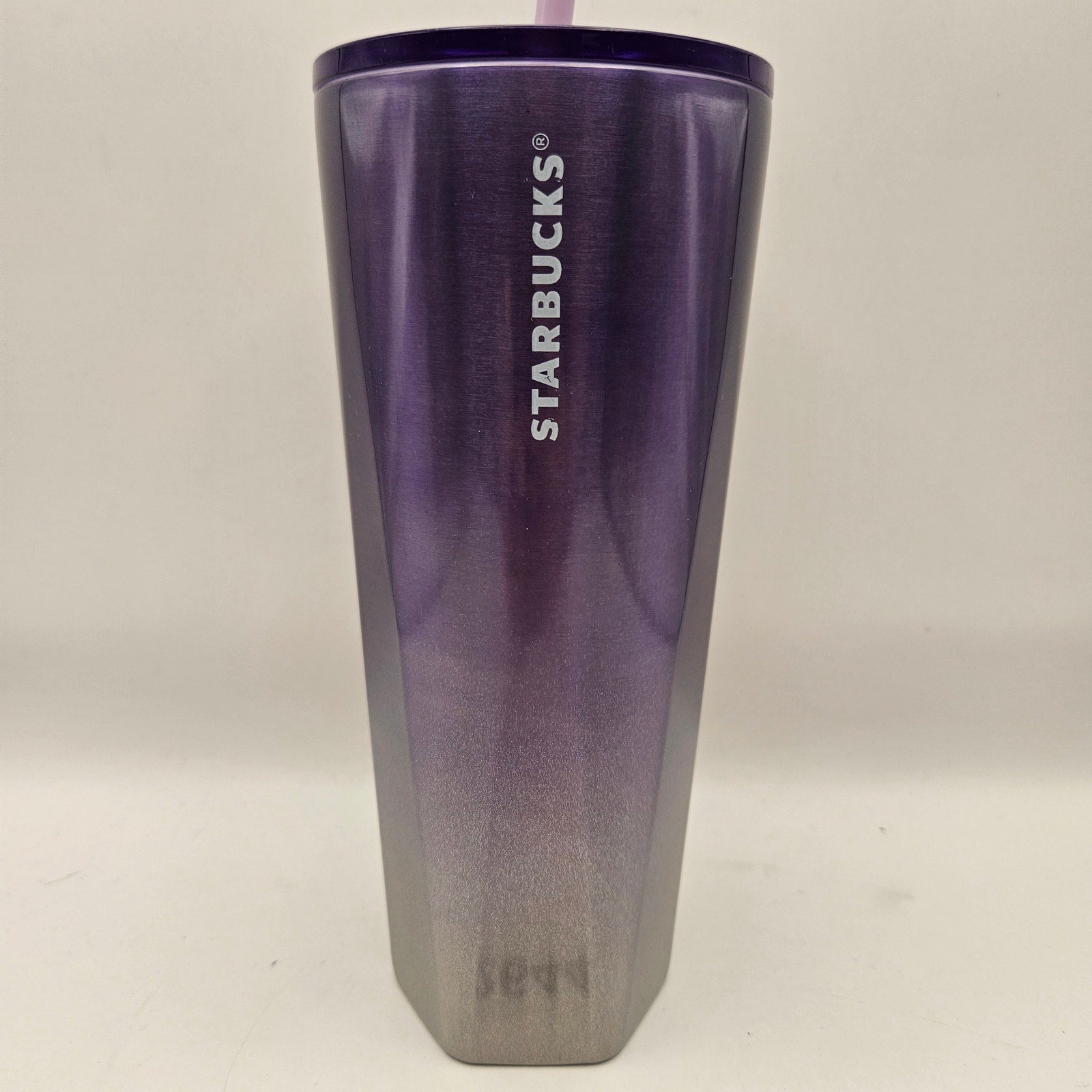 STARBUCKS 24oz PURPLE MIRRORED TUMBLER W LID AND STRAW
