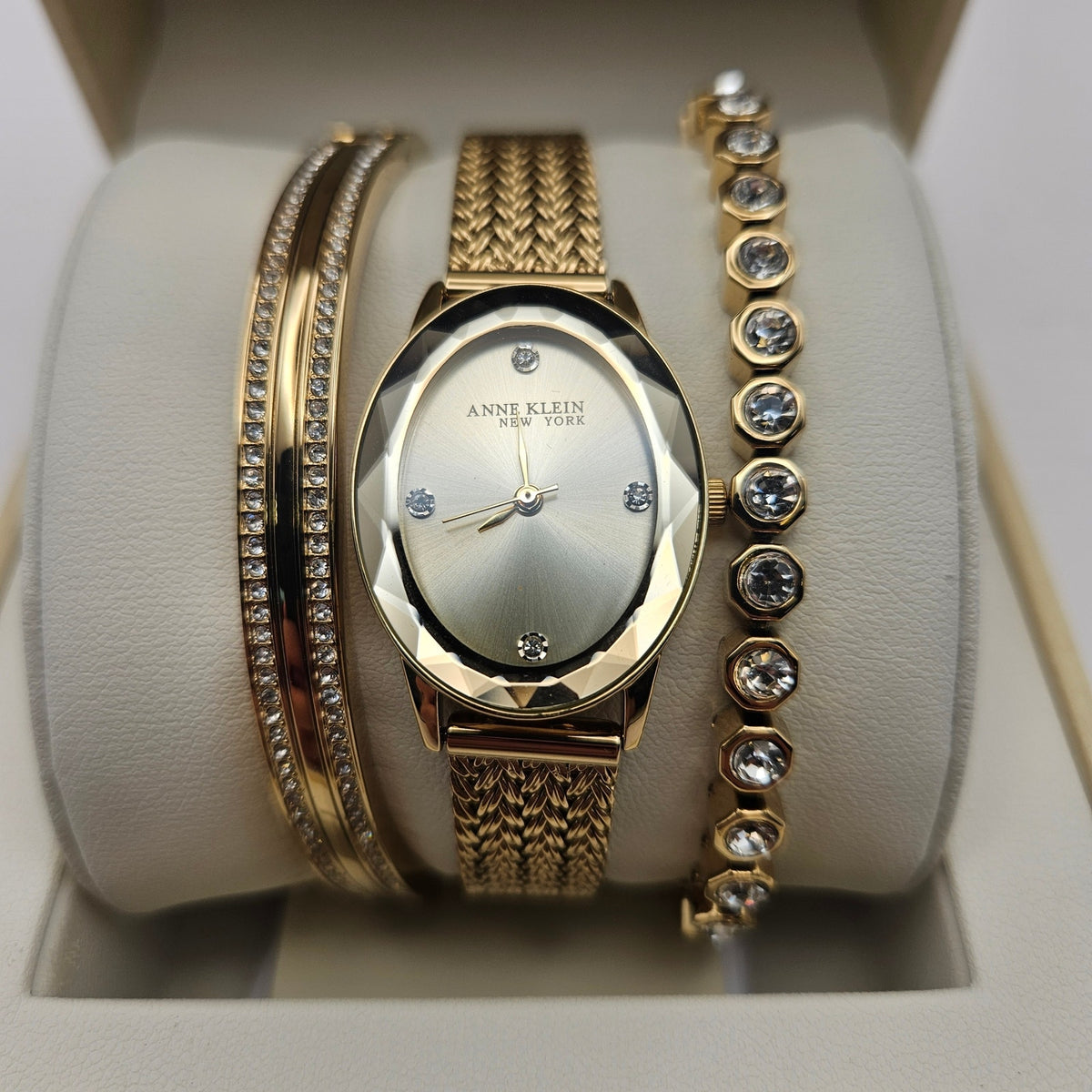 ANNE KLEIN NEW YORK CRYSTAL ACCENTED BANGLE WOMEN'S WATCH & BRACELET 12/7786GPST