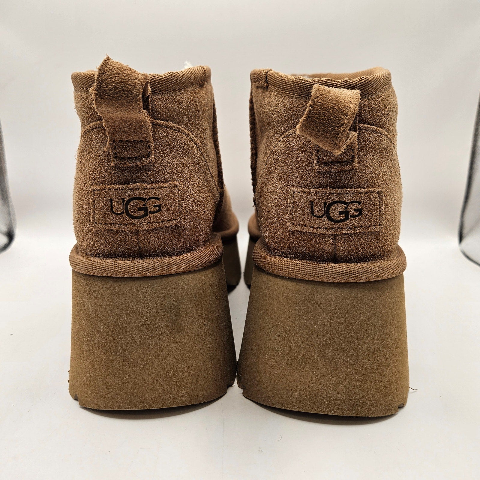 UGG WOMEN'S 9 ULTRA MINI HEIGHTS CHESTNUT SUEDE PLATFORM BOOTS 1158311 NWOB