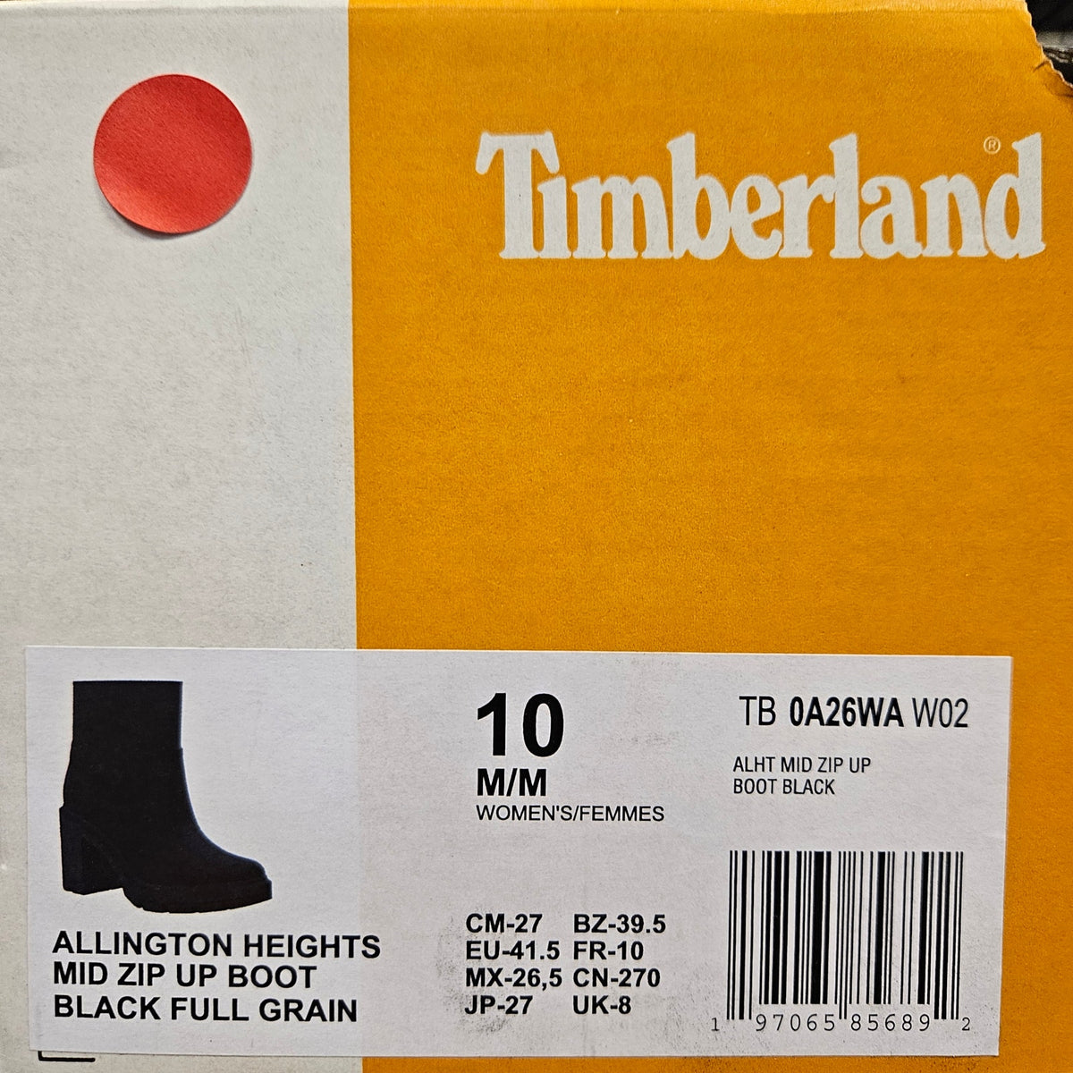 TIMBERLAND WOMEN'S 10 ALLINGTON HEIGHTS MID ZIP BOOT BLACK FULL GRAIN NIB
