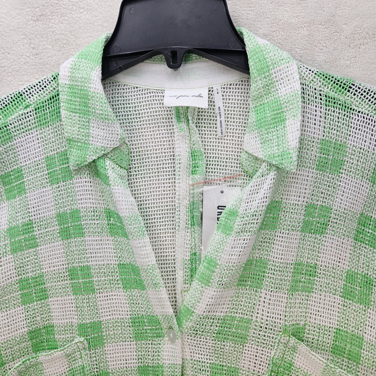 UO OUT FROM UNDER WOMEN'S LARGE FISHNET SHACKET NWT GREEN WHITE GINGHAM