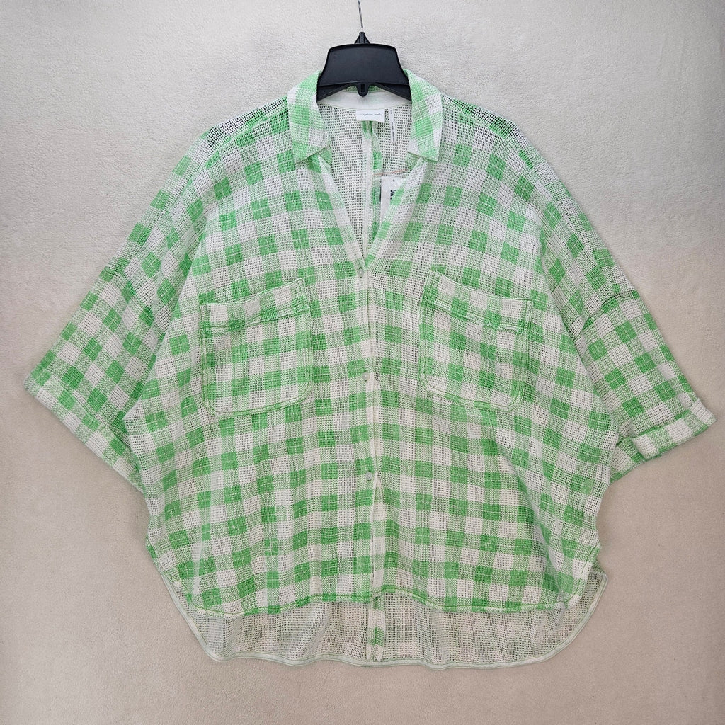 UO OUT FROM UNDER WOMEN'S LARGE FISHNET SHACKET NWT GREEN WHITE GINGHAM