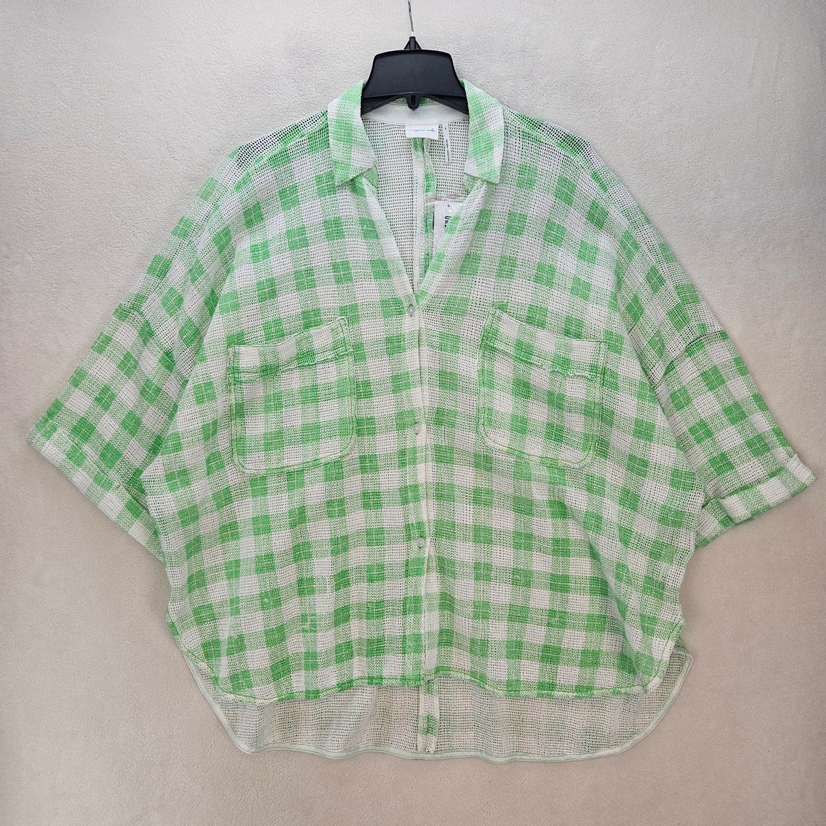 UO OUT FROM UNDER WOMEN'S LARGE FISHNET SHACKET NWT GREEN WHITE GINGHAM
