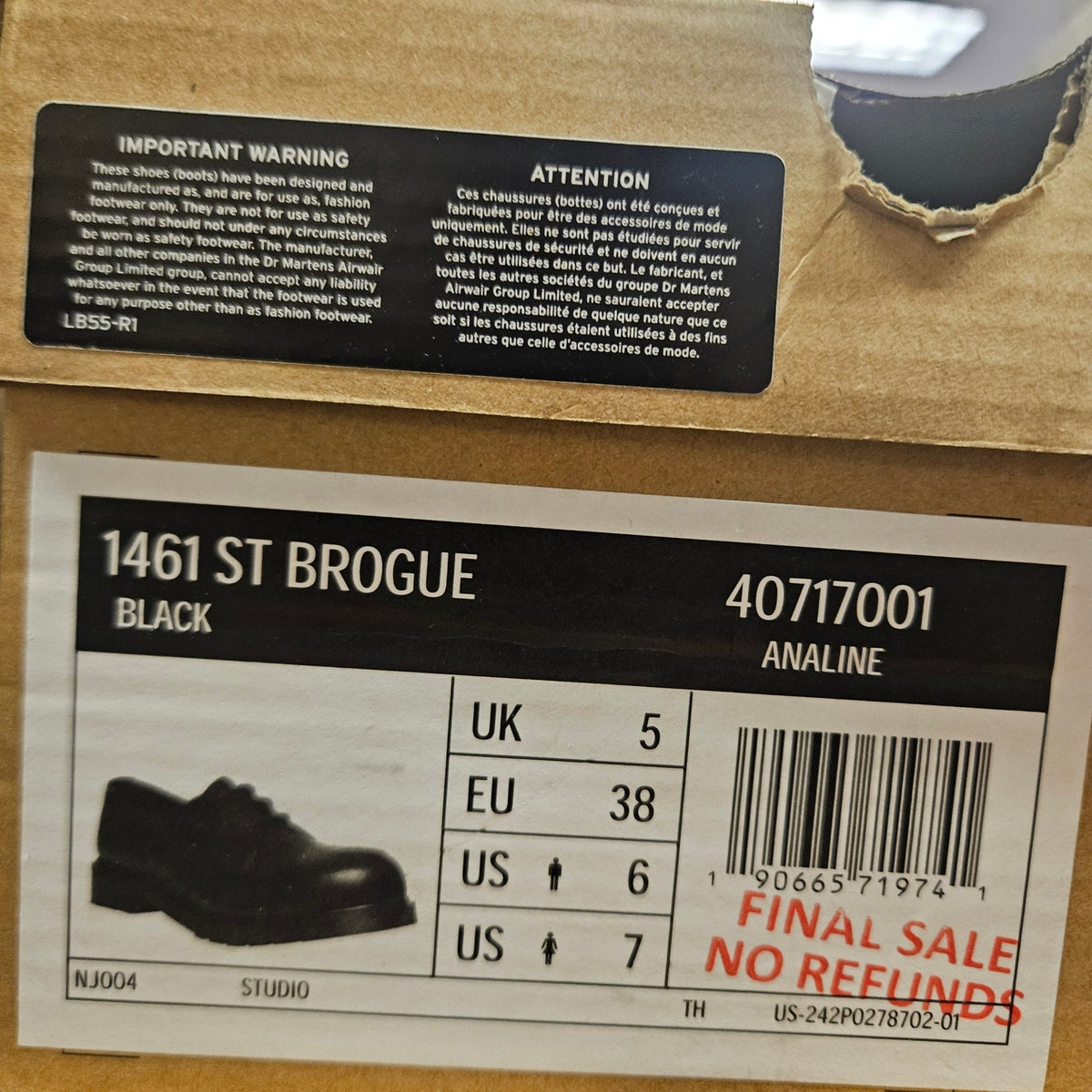 DR MARTENS WOMEN'S 7 ANALINE 40717001 1461 ST BROGUE BLACK LOW STEEL TOE RARE